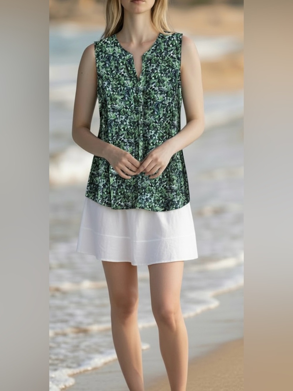 Sleeveless Floral Tunic Top in Green and Black